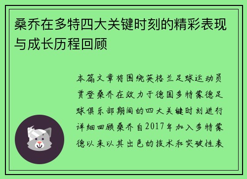 桑乔在多特四大关键时刻的精彩表现与成长历程回顾